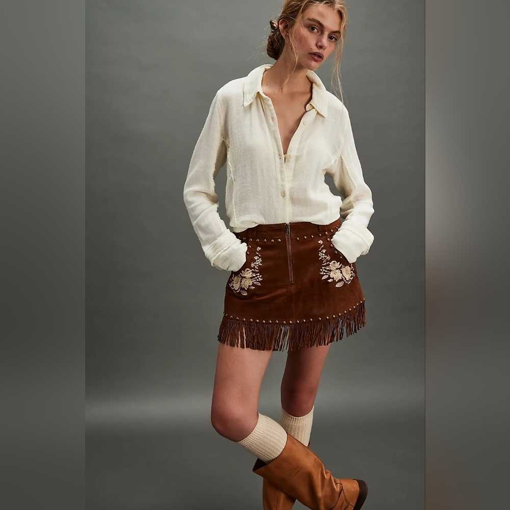 FP x Understated Leather Embroidered Studded Suede Skirt Size XL